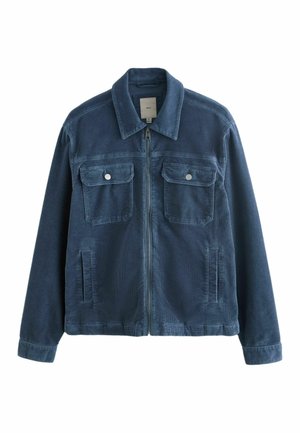 Jachetă bleumarin din catifea cu fermoar frontal, două buzunare la piept cu nasturi și două buzunare laterale, mărime medie.