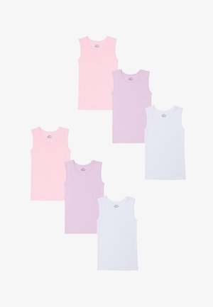 Sechs ärmellose Tanktops in Pink, Lavendel und Weiß; aus weichem Stoff mit Rundhalsausschnitten und kleinen Schleifenakzenten auf der Vorderseite.