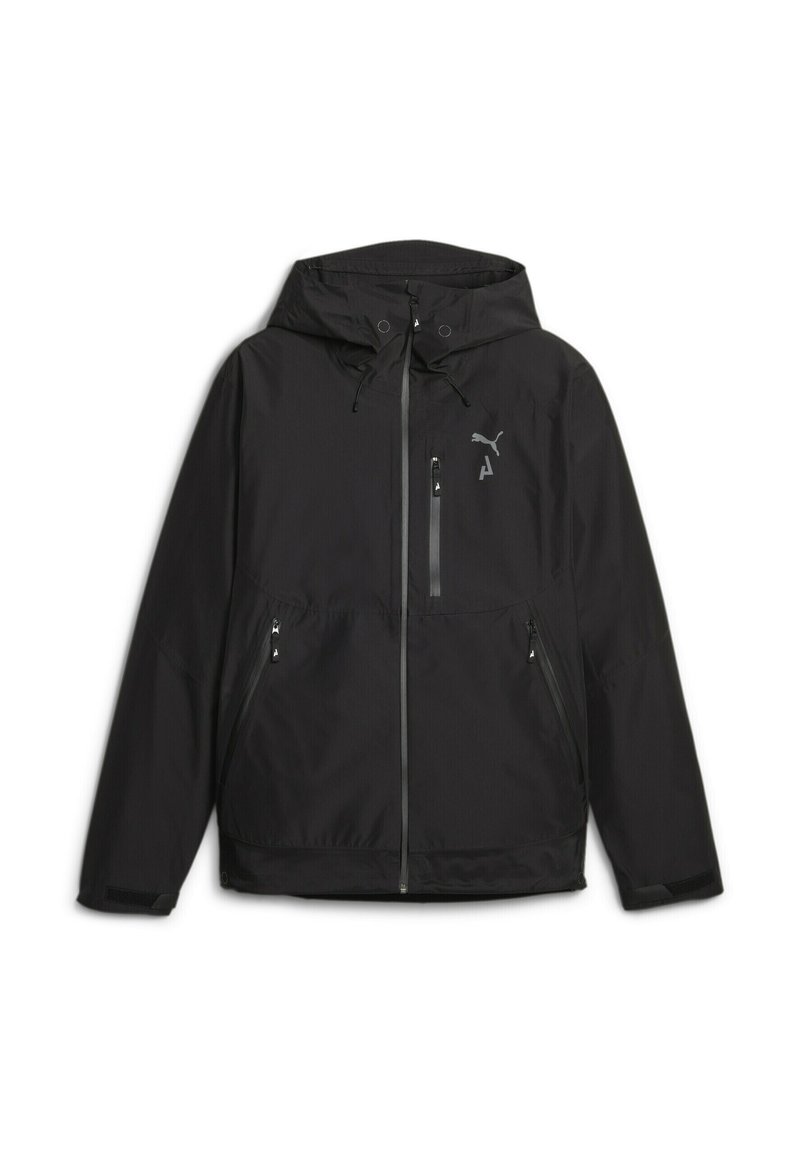 Schwarze leichte Jacke mit Kapuze, ausgestattet mit Reißverschluss-Taschen und einem reflektierenden Logo. Hergestellt aus glattem, wasserabweisendem Material.