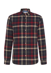 Koszula na guziki w kratę w kolorach granatowym, czerwonym i beżowym. Wykonana z flanelowej tkaniny, posiada kołnierzyk, długie rękawy oraz drewniane guziki.