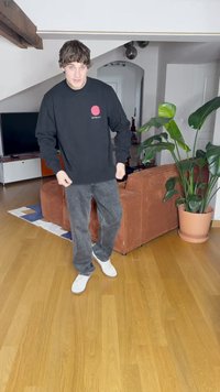 Felpa nera con un logo circolare rosso, abbinata a jeans grigi e sneakers bianche. L'ambiente presenta pavimenti in legno e una pianta in vaso.