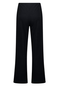 Black, wide-leg pants with an elastic waistband. Made from a smooth, stretchy material, featuring a solid color and no visible embellishments.
