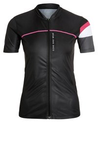 Korta ärmar svart cykeltröja med dragkedja fram, som har rosa och vita detaljer på axlarna och en figurnära design.