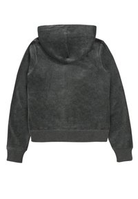 Grauer Hoodie mit weicher Textur, ausgestattet mit einer Kapuze, langen Ärmeln und einem Bündchen. Einfaches Design ohne Muster oder zusätzliche Details.