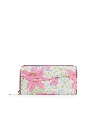 Portafoglio lungo con zip con stampa floreale di giglio rosa su sfondo bianco, cursore della zip dorato e logo del marchio in rilievo sottile.