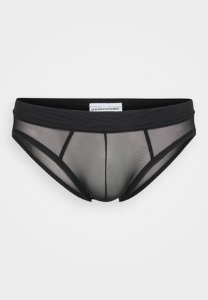 Bóxer negro transparente para hombres con cinturilla sólida, costuras en panel y una etiqueta que dice DSQUARED2. El material es ligero y ligeramente texturizado.
