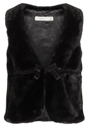 Gilet nero senza maniche in pelliccia sintetica con scollo a V e piccola chiusura a fiocco sul davanti.