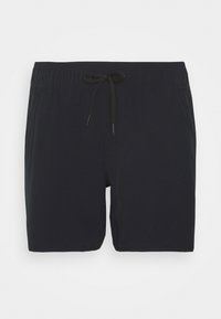 Black swim shorts made from lightweight material, featuring an elastic waistband with a drawstring, and side pockets for convenience.