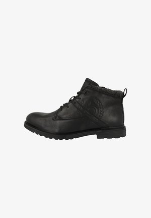 Bottines en cuir noir avec doublure grise texturée, bout rond, design à lacets et accents décoratifs sur les côtés. Semelle plate en caoutchouc.