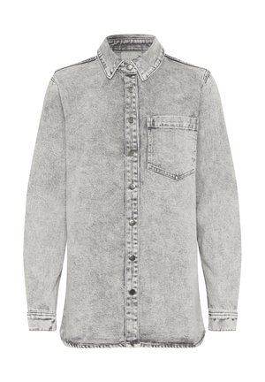 Grijze denim overhemd met lange mouwen, knoopsluiting aan de voorkant, spitse kraag, enkele borstzak en contrasterende stikseldetails.