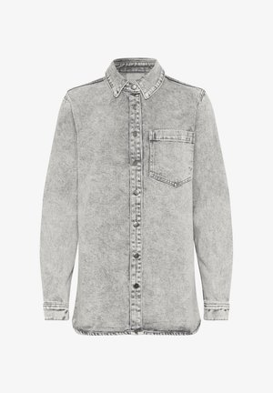 Gray denim shirt with long sleeves, button-up front, pointed collar, single chest pocket, and contrasting stitching details.