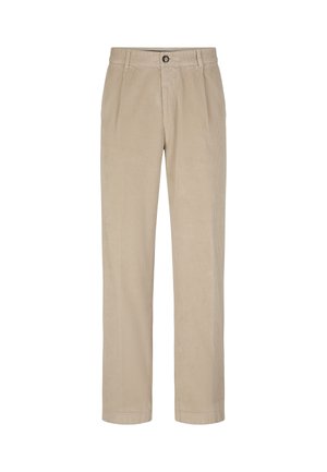 Beige corduroy broek met een recht model, voorzien van een sluiting met een voorknop en een subtiele verticale ribbeltextuur.