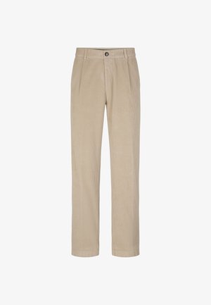 Beige corduroy broek met een recht model, voorzien van een sluiting met een voorknop en een subtiele verticale ribbeltextuur.