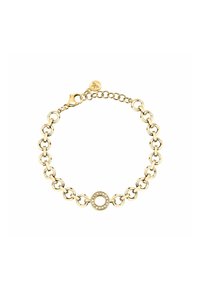 Bracciale in metallo dorato con anelli circolari interconnessi, un cerchio centrale decorato con piccole pietre trasparenti e chiusura a moschettone.