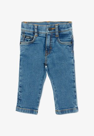 Jeans blu per bambini piccoli con bottone e cerniera, tasche frontali e etichetta "BOSS" sulla piccola tasca a destra.