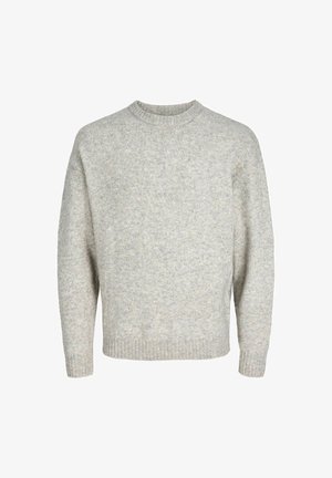 Light gray knitted sweater with a round neckline, drop shoulders, and ribbed cuffs, featuring a textured, slightly fuzzy surface.