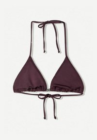 Haut de bikini triangle bourgogne avec des liens ajustables, des bords froncés et un petit accent en perle métallique au centre. Texture lisse.