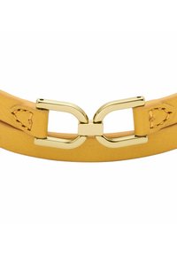 Yellow leather strap with a gold-toned metal buckle, featuring clean lines and minimal stitching detail.