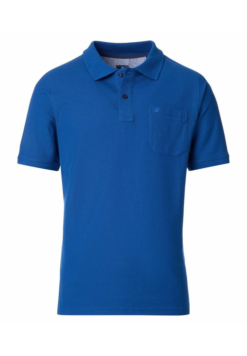 Blauwe polo-shirt van een zachte katoenmix, met een opstaande kraag, drie knopen aan de sluiting, korte mouwen en een borstzak.
