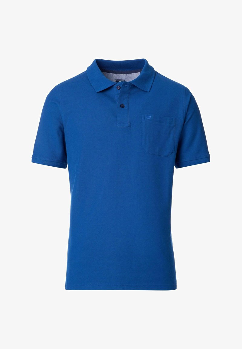 Blauwe polo-shirt van een zachte katoenmix, met een opstaande kraag, drie knopen aan de sluiting, korte mouwen en een borstzak.