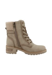 Bottine beige avec un bord en fourrure texturée, à lacets à l'avant et fermeture éclair sur le côté. Fabriquée en matériau synthétique avec une semelle en caoutchouc.