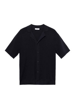 Schwarzes kurzärmliges Hemd mit Knöpfen aus glattem Stoff, mit Reverskragen und entspannter Passform in einem sauberen, minimalistischen Design.