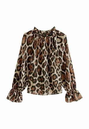 Long-sleeve blouse with brown and black leopard print, gathered neckline, and ruffled cuffs on a light beige background.