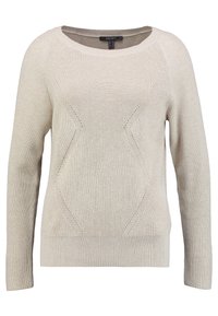 Beżowy sweter z długim rękawem, dzianinowy, z prążkowanymi mankietami i dolnym wykończeniem, teksturowanym wzorem w diamenty z przodu oraz okrągłym dekoltem.