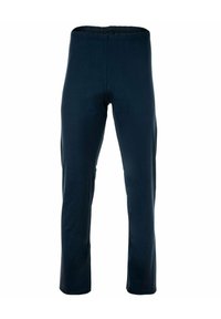 Marineblauwe stretchbroek van zachte stof, met een elastische tailleband, rechte pijpen en zonder zakken. Glad oppervlak, eenvoudig ontwerp.