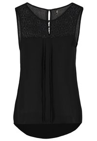 Czarna bluzka bez rękawów z koronkowym karczkiem, wycięciem w kształcie klucza z tyłu oraz plisami z przodu. Gładka tkanina z zaokrąglonym dołem.