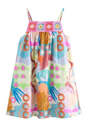 Vestito colorato senza maniche con top all'uncinetto rosa e motivi floreali astratti multicolori, con sottili spalline con perline.