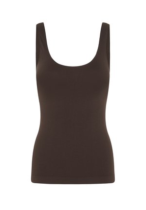 Brown sleeveless fitted tank top with a scoop neckline, seamless design, and smooth fabric texture.