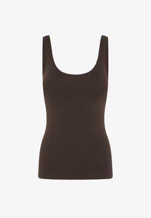 Débardeur marron ajusté sans manches avec un col rond dégagé, design sans coutures et texture de tissu lisse.