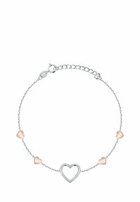 Silberne Kettenarmband mit hohlem herzförmigem Charm und drei roségoldenen Herzverzierungen. Verfügt über einen Karabinerverschluss und eine verstellbare Kette.