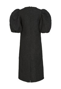 Μαύρο φόρεμα με μεγάλες φουσκωτές μανίκες, υφασμάτινο λουλουδάτο σχέδιο, μήκους μέχρι το γόνατο και κλείσιμο με φερμουάρ στην πλάτη.