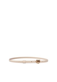Ceinture en cuir tan avec un design slim, boucle ronde en ton or avec un détail décoratif, et une ardillon ajustable pour un bon ajustement.