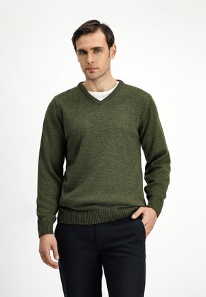 Green knitted sweater with a V-neck, ribbed cuffs, and hem. The fabric appears textured, fitted with long sleeves, worn over a white shirt.