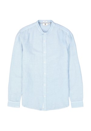 Helles blaues Leinenhemd mit rundem Kragen, Knopfverschluss vorne und langen Ärmeln. Hat eine glatte Textur und ein reguläres Schnittdesign.