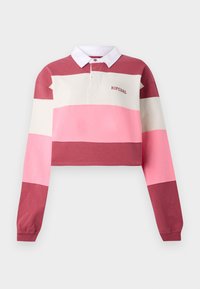 Langermet polo-skjorte med en kort design, med horisontale striper i rød, rosa og krem. Hvit krage med brodert logo.