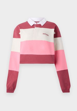 Langarm polo shirt met een cropped ontwerp, voorzien van horizontale strepen in rood, roze en crème. Witte kraag met geborduurd logo.