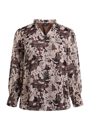 Floral blouse in sheer fabric with a V-neck, long sleeves, and gathered cuffs; features a mix of dark brown, beige, and cream tones.