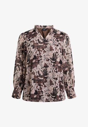 Blommönstrad blus i genomskinligt tyg med V-ringning, lång ärm och veckade manschetter; har en blandning av mörkbruna, beige och krämfärgade nyanser.