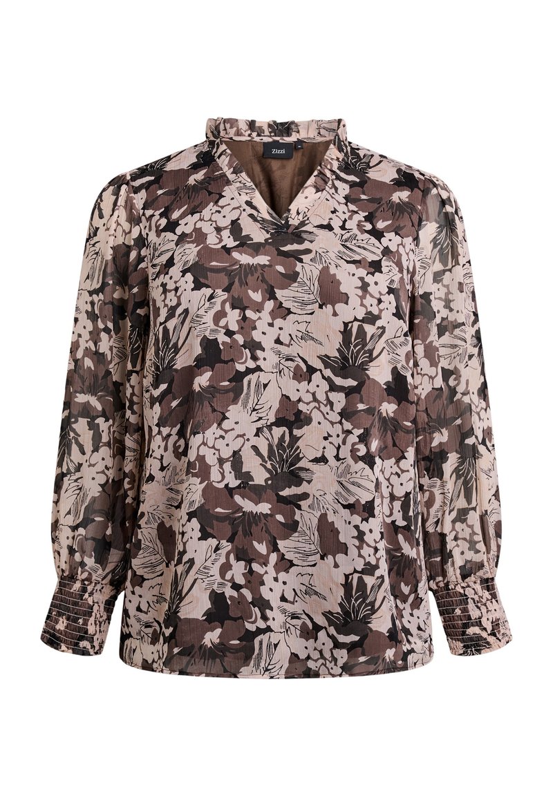 Blouse florale en tissu léger avec un décolleté en V, des manches longues et des poignets froncés ; présente un mélange de tons marron foncé, beige et crème.