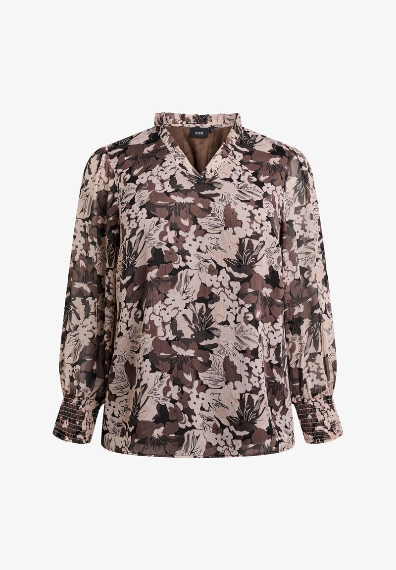 Blomstret bluse i gennemsigtig stof med V-hals, lange ærmer og samlede manchetter; har en blanding af mørkebrun, beige og creme farver.