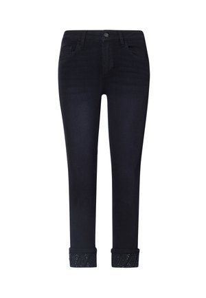 Sorte slim fit-jeans med fem lommer, knaplukning og opkrogede manchetter med et subtilt tekstureret mønster.