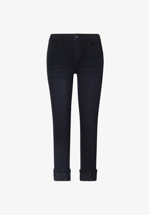 Blugi negri, croi slim, cu cinci buzunare, închidere cu nasturi și manșete întoarse, având un model subtil cu textură.