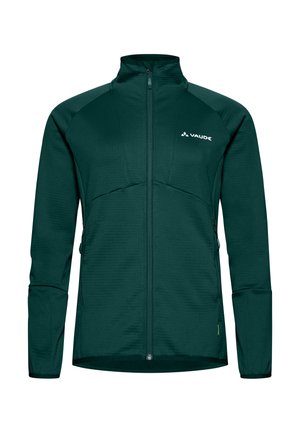 Dunkelgrüne, leichte Jacke mit hohem Kragen, durchgehendem Reißverschluss und zwei seitlichen Taschen. Verfügt über ein strukturiertes Material und ein Logo auf der Brust.