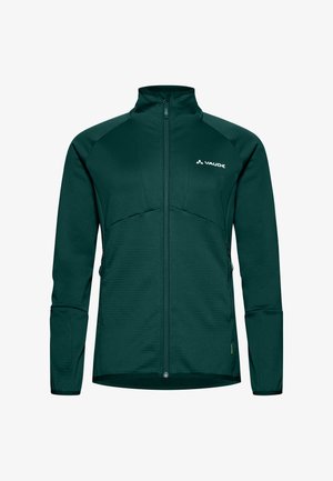 Dunkelgrüne, leichte Jacke mit hohem Kragen, durchgehendem Reißverschluss und zwei seitlichen Taschen. Verfügt über ein strukturiertes Material und ein Logo auf der Brust.