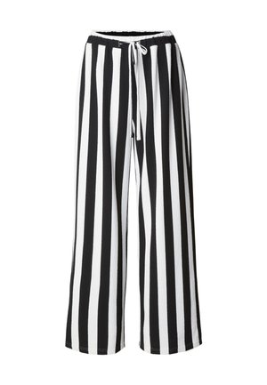 Pantalones de pierna ancha con rayas verticales en blanco y negro, cintura elástica y cordón frontal para ajustar.