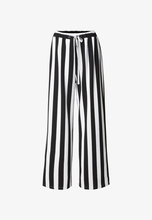 Pantaloni a gamba larga con strisce verticali nere e bianche, vita elastica e coulisse frontale.